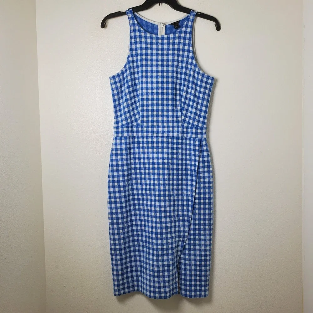 Ann Taylor Blue & White Gingham Check Sleeveless Sheath Dress Size 2 Tall Summer